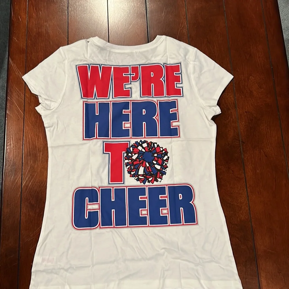 NWT Justice We’re Here To Cheer White Glitter Cheerleading Top Size 18